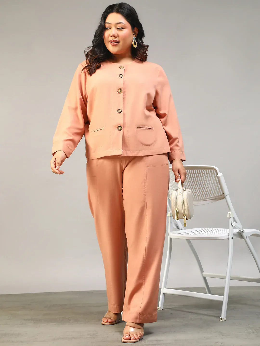 Peach Plus Size Women Co-Ord Set With Button-Down Top