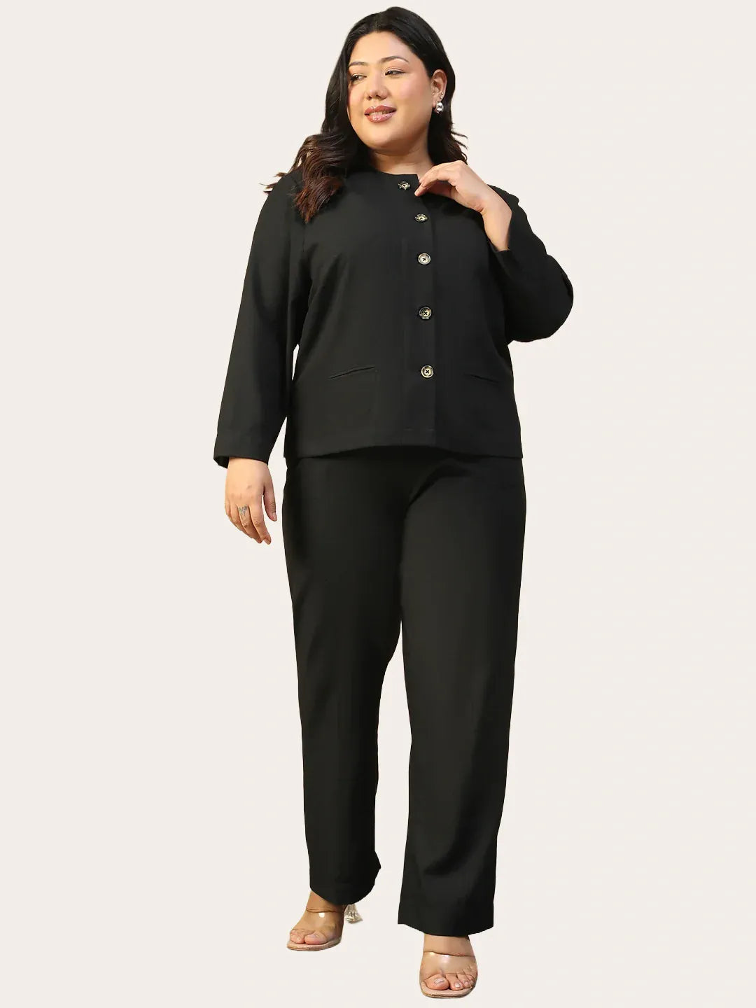 Plus Size Black Women Co-Ord Set with Button-Down Top