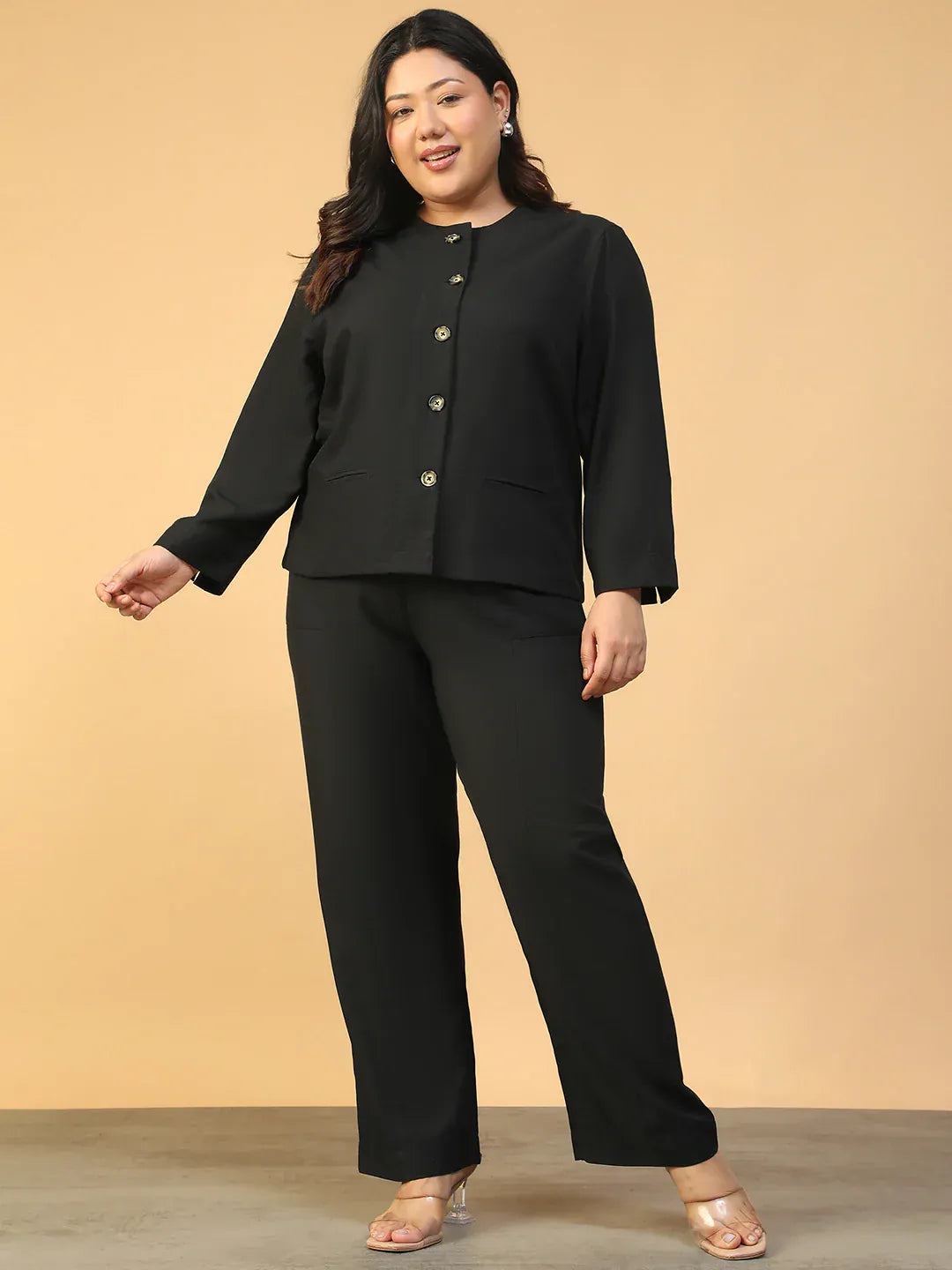 Plus Size Black Women Co-Ord Set with Button-Down Top