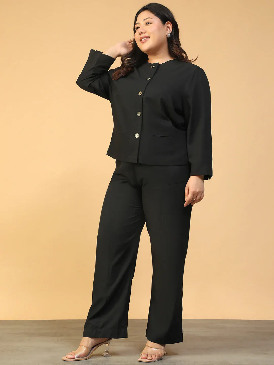Plus Size Black Women Co-Ord Set with Button-Down Top