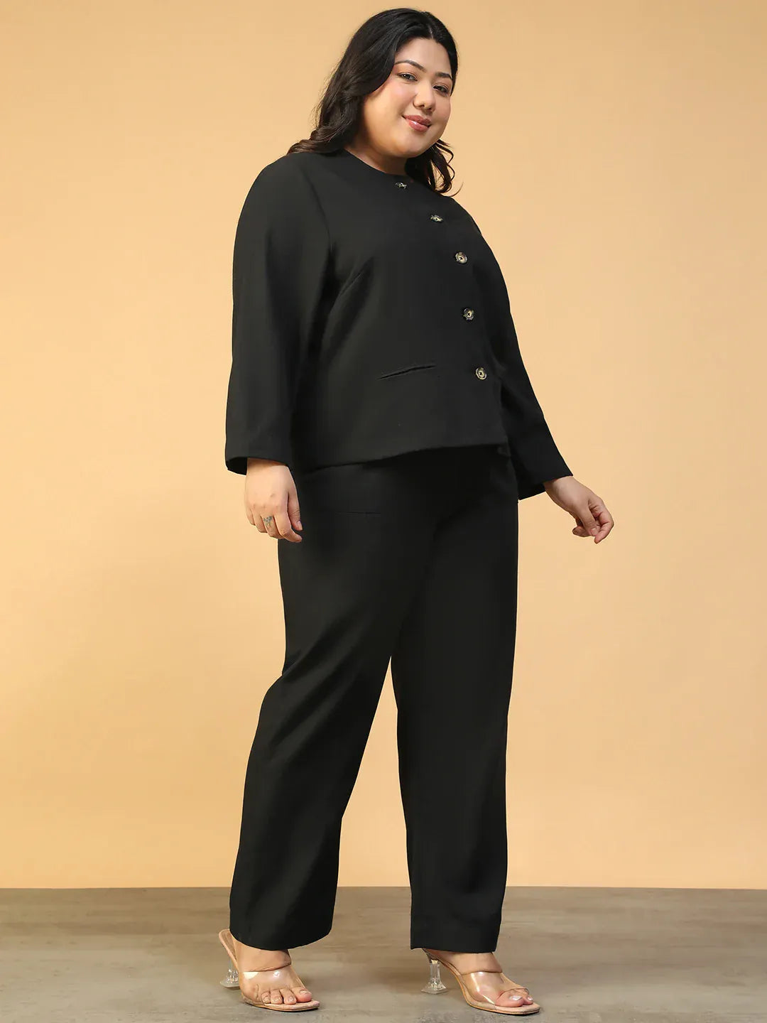 Plus Size Black Women Co-Ord Set with Button-Down Top