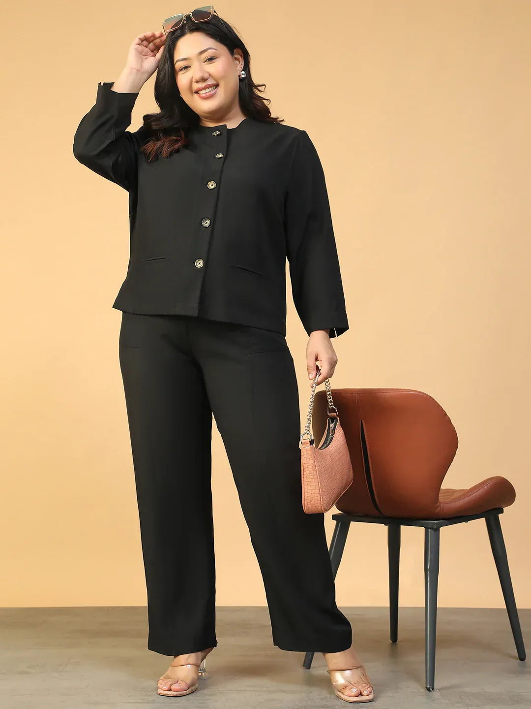 Plus Size Black Women Co-Ord Set with Button-Down Top