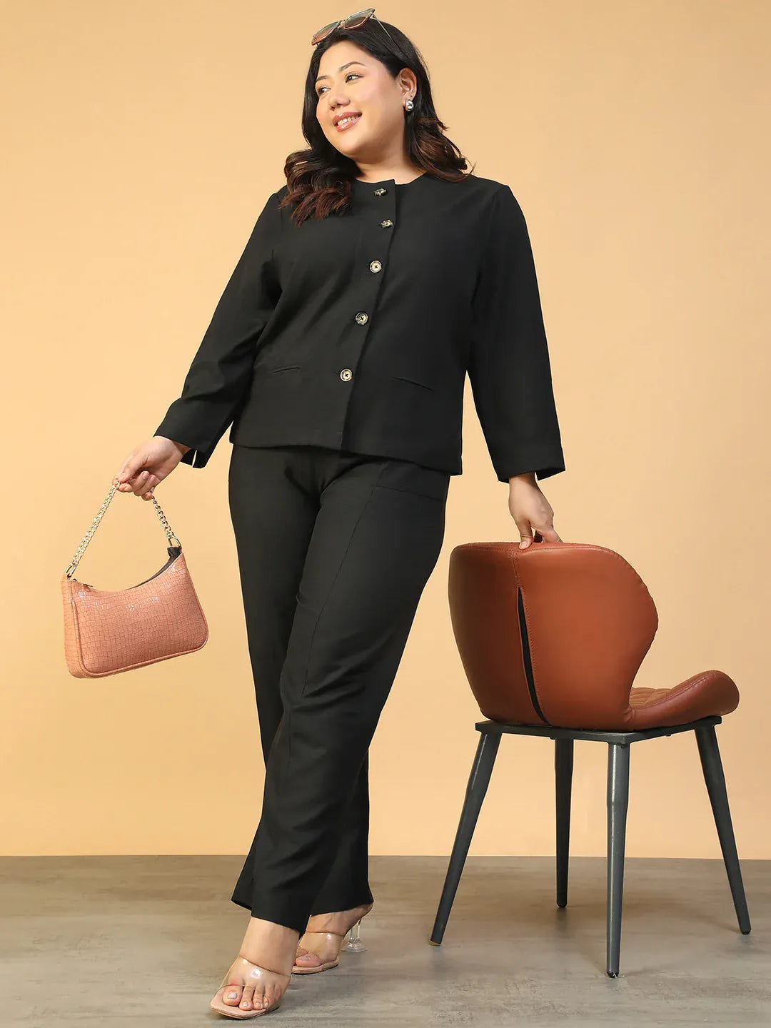 Plus Size Black Women Co-Ord Set with Button-Down Top