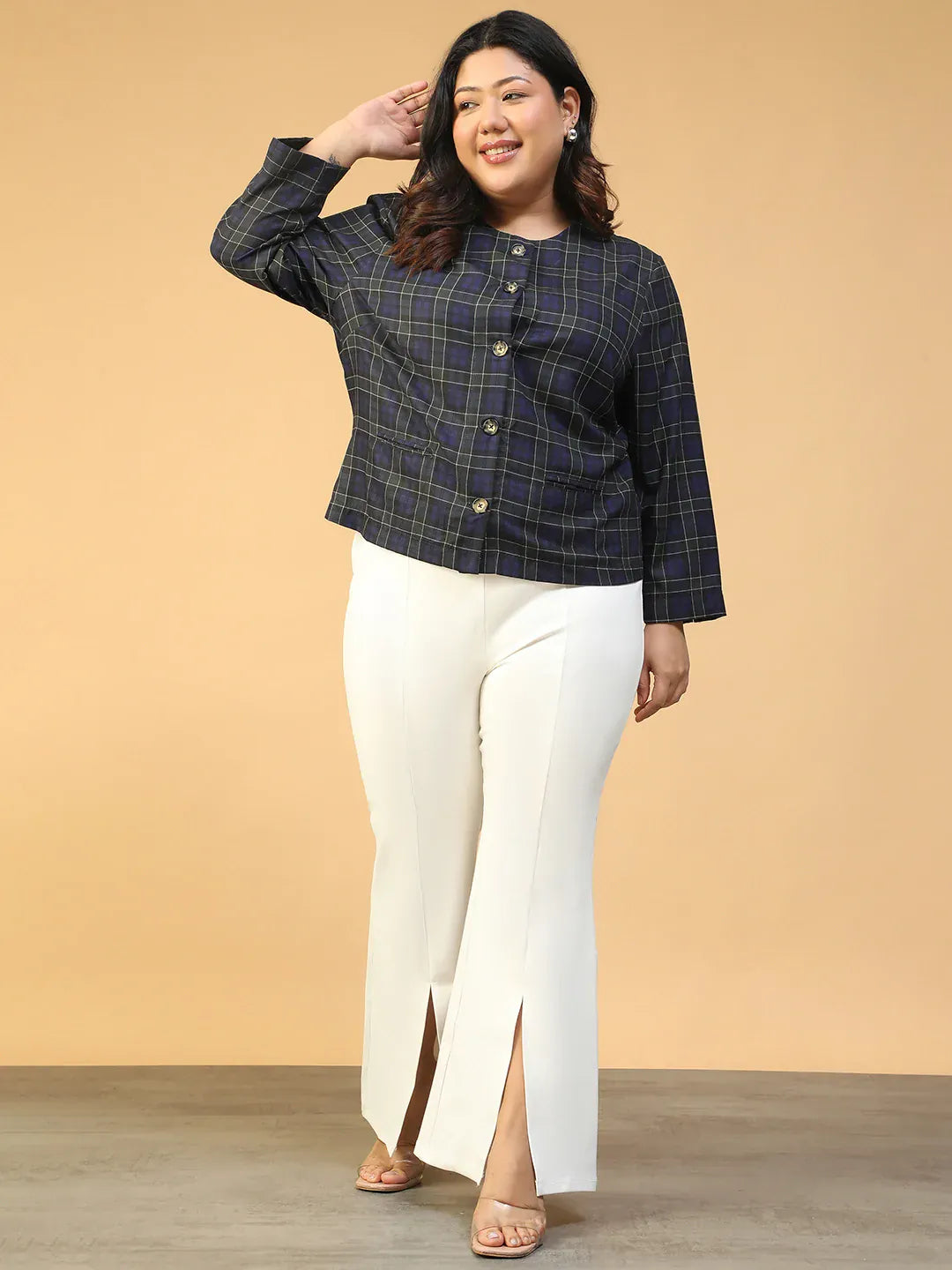 Blue Check Button-Down Plus Size Women's Top