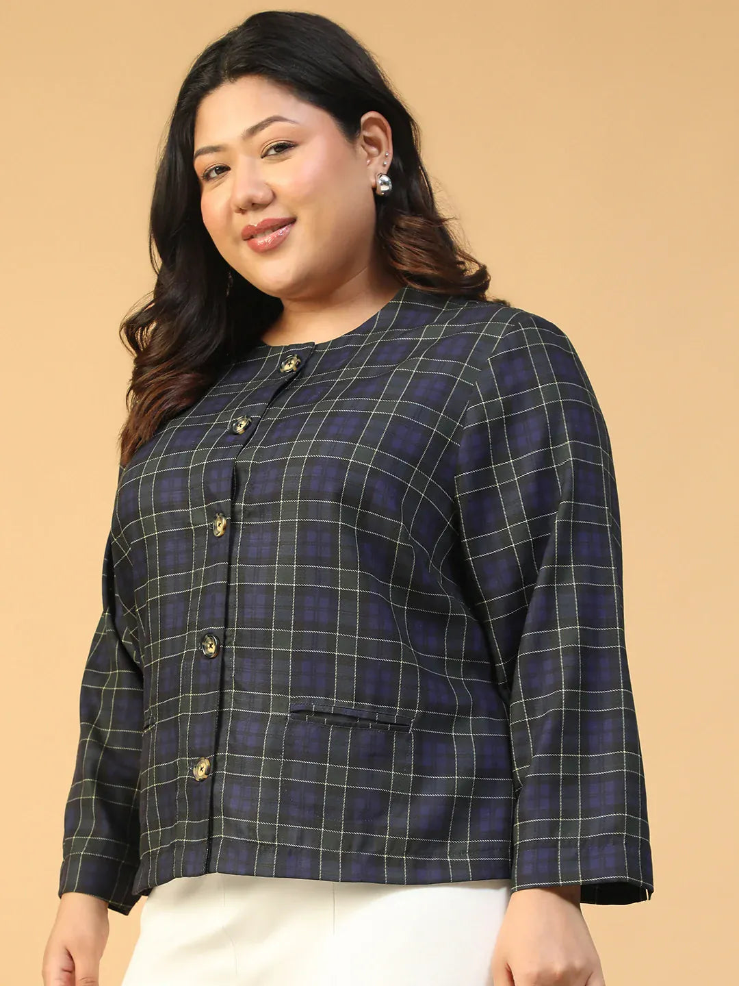 Blue Check Button-Down Plus Size Women's Top