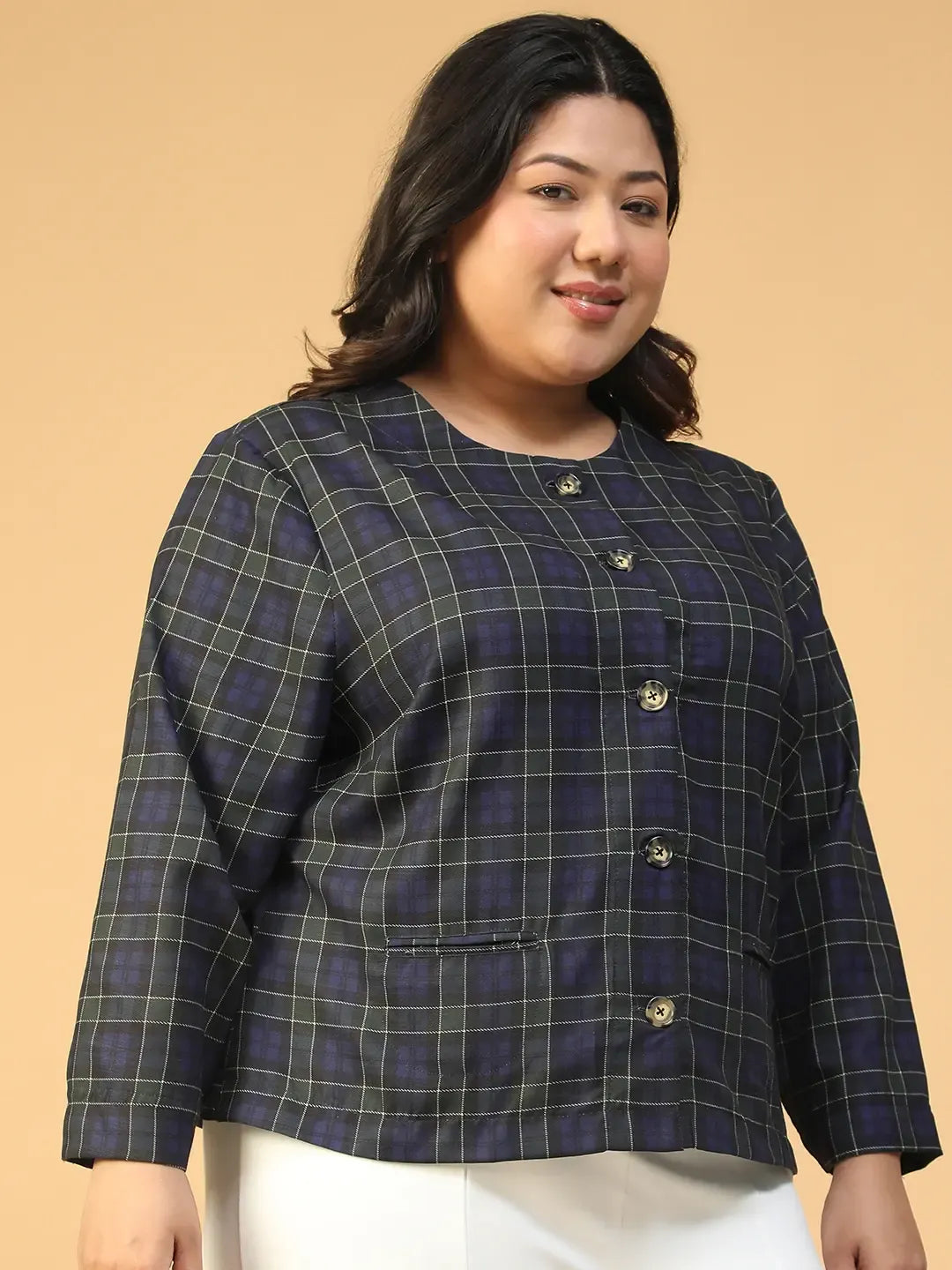 Blue Check Button-Down Plus Size Women's Top