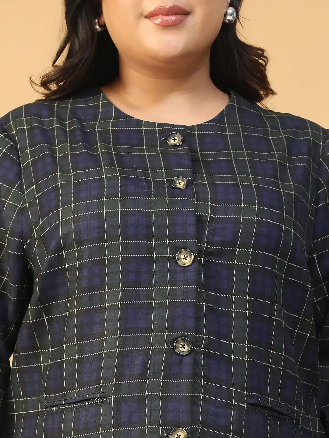 Blue Check Button-Down Plus Size Women's Top