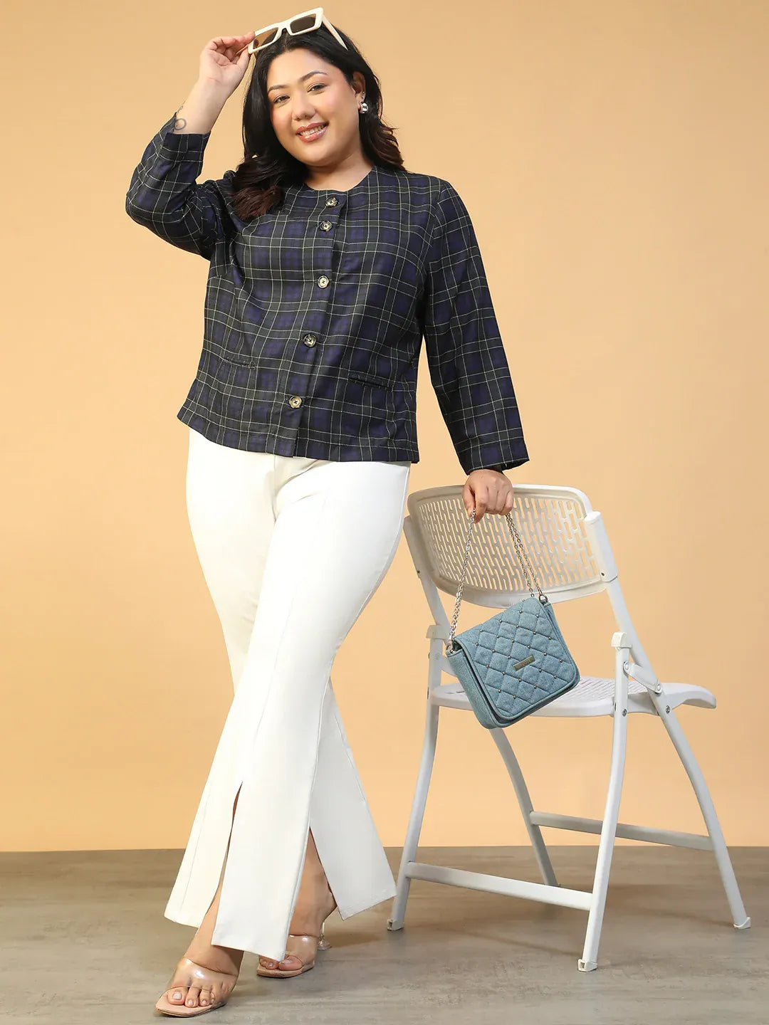 Blue Check Button-Down Plus Size Women's Top