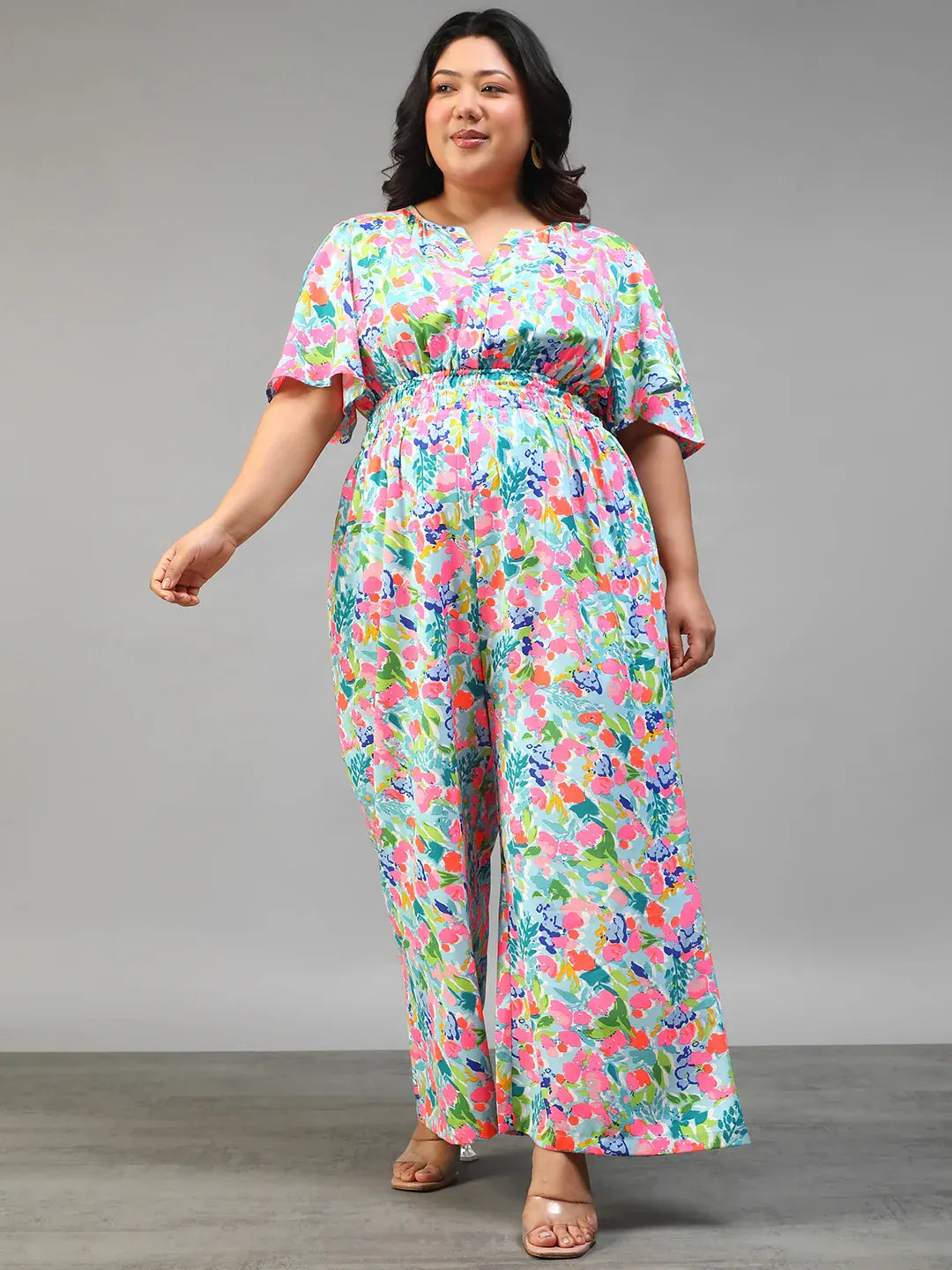 Plus Size Multicolor Floral Print Jumpsuit