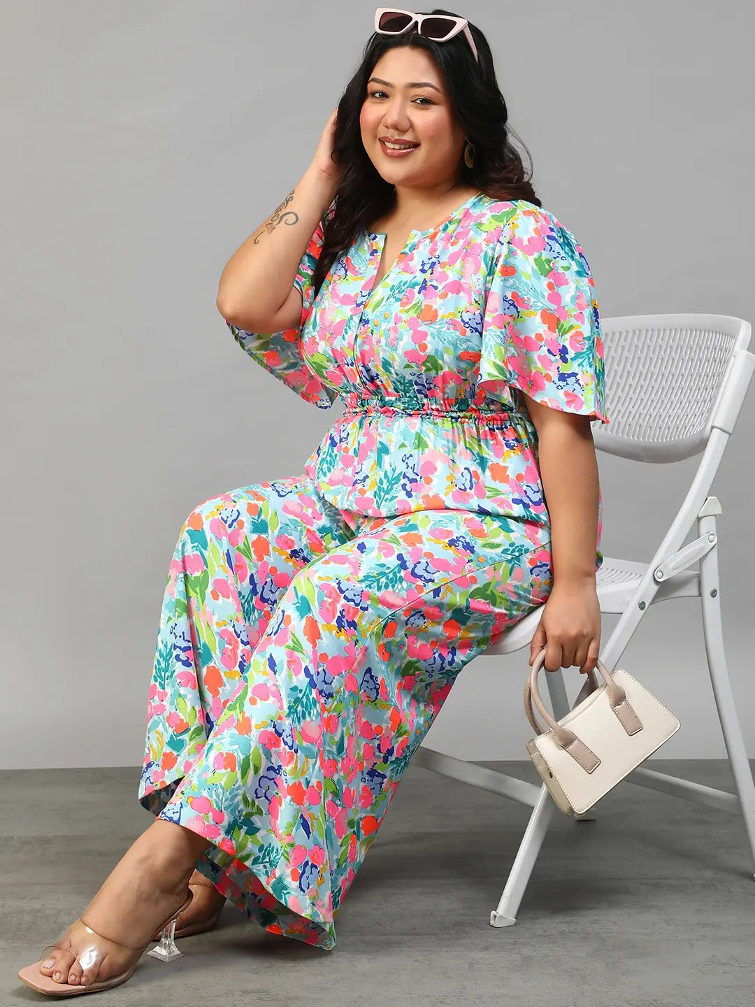Plus Size Multicolor Floral Print Jumpsuit