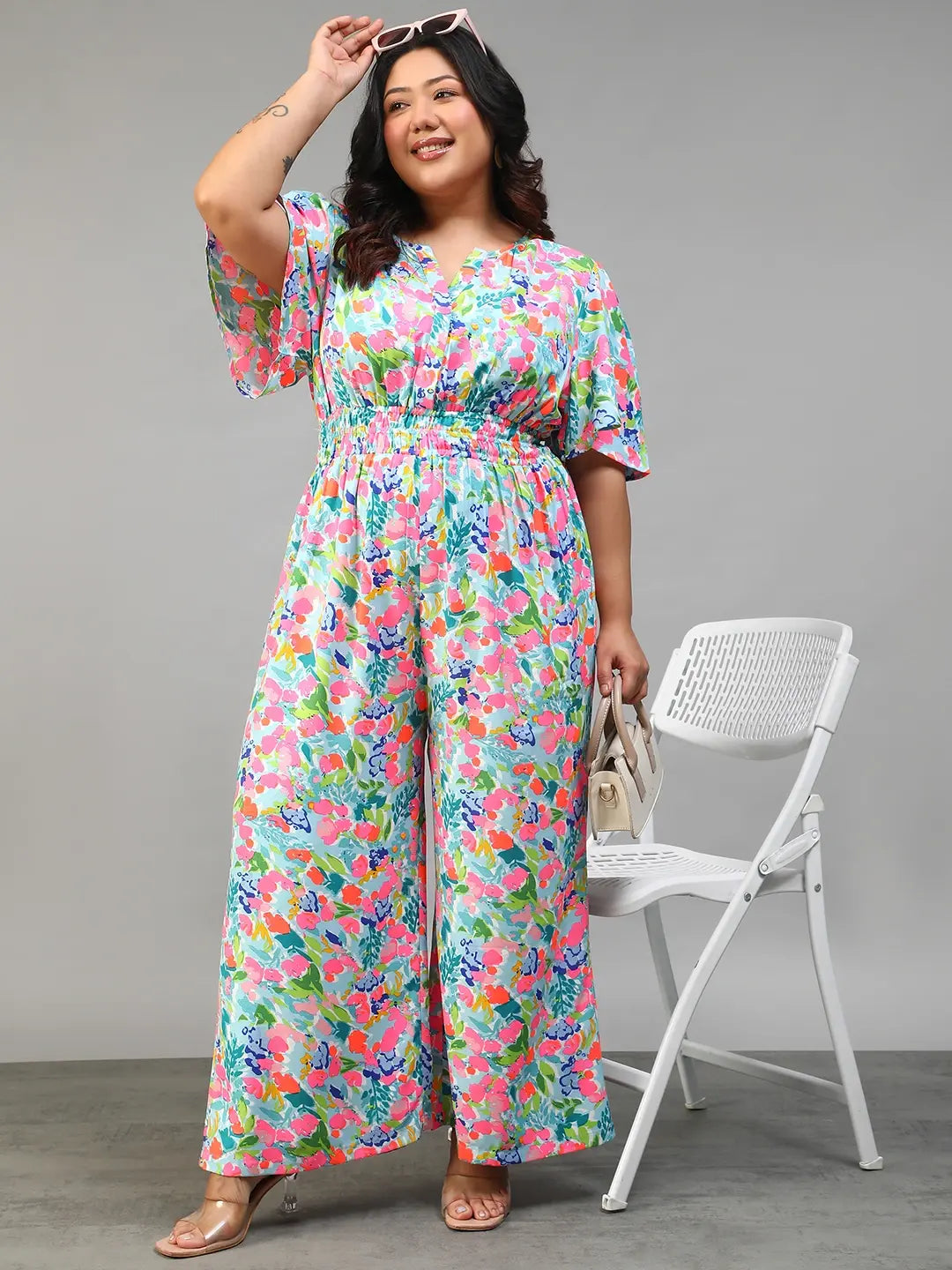 Plus Size Multicolor Floral Print Jumpsuit