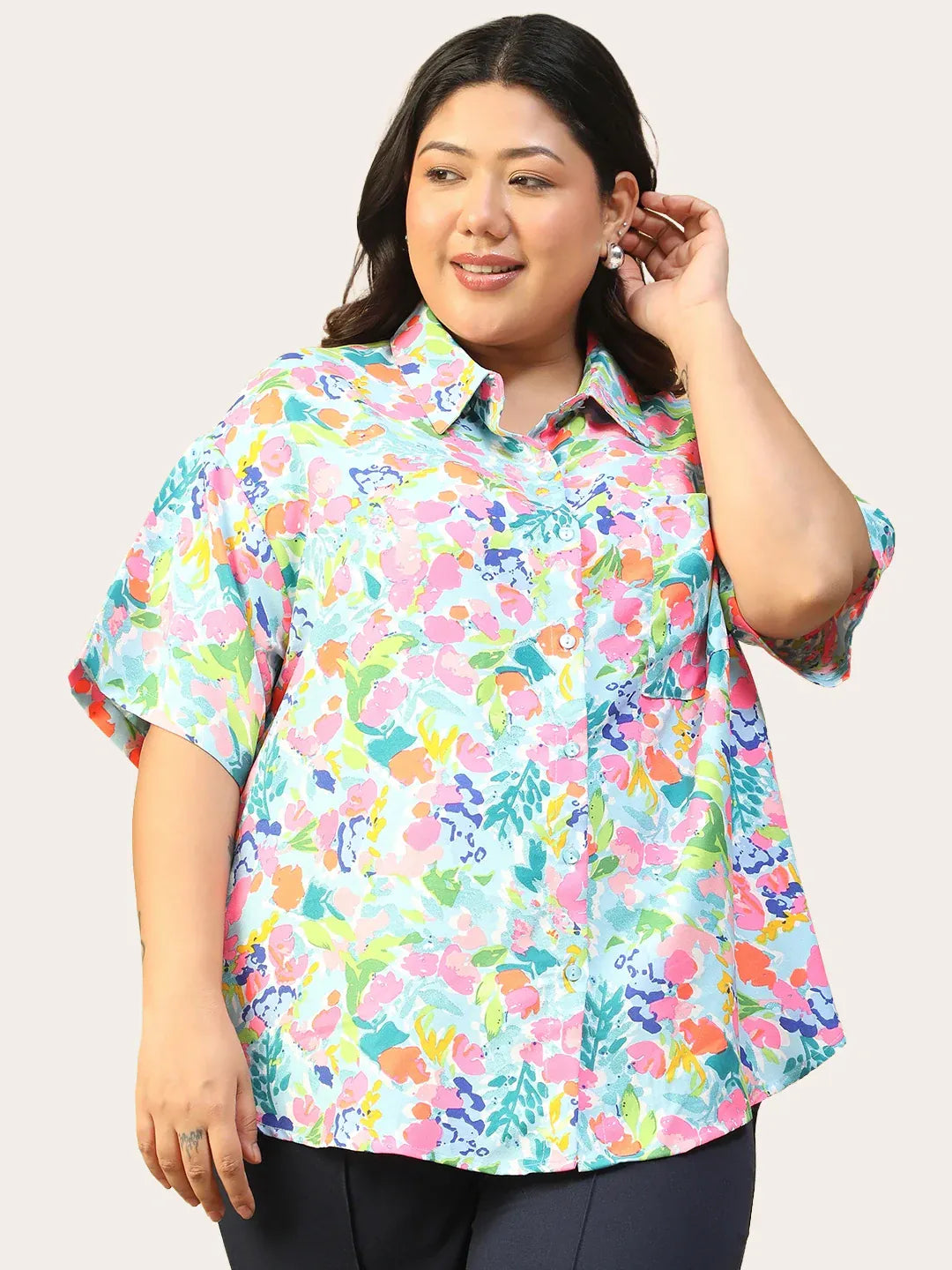 Plus Size Multicolor Floral Print Women’s Shirt