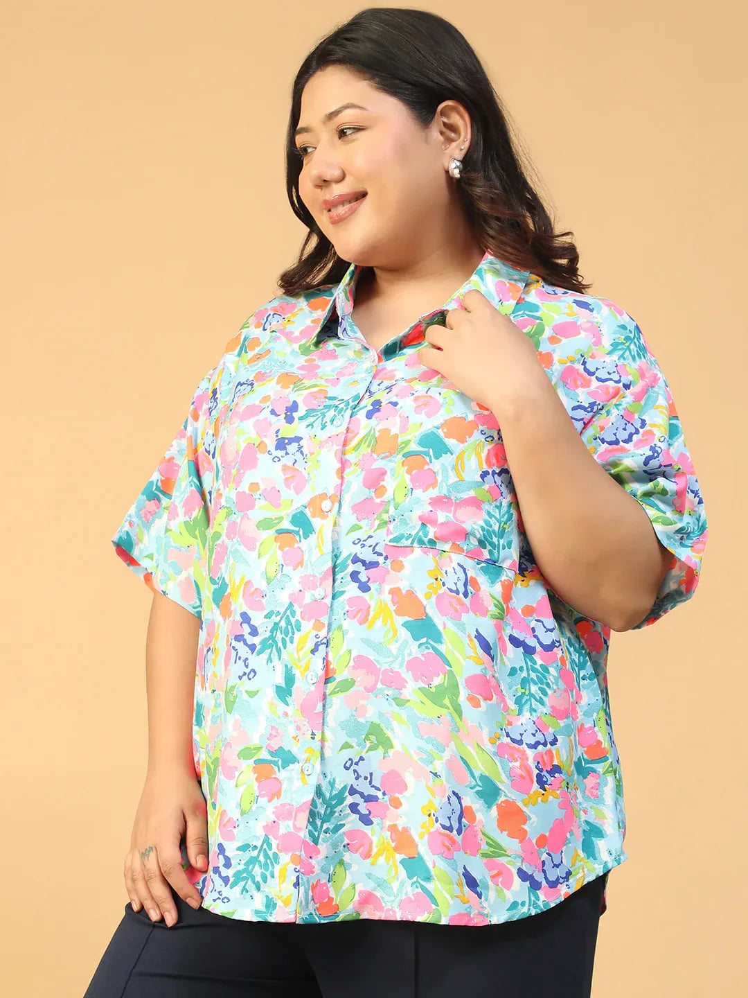 Plus Size Multicolor Floral Print Women’s Shirt