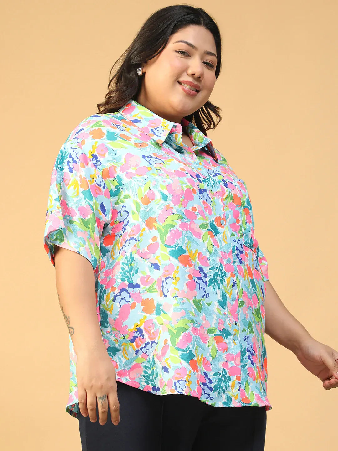 Plus Size Multicolor Floral Print Women’s Shirt
