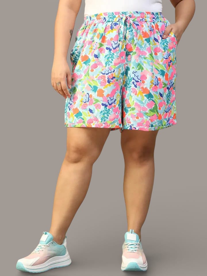 Plus Size Multicolor Floral Print Short