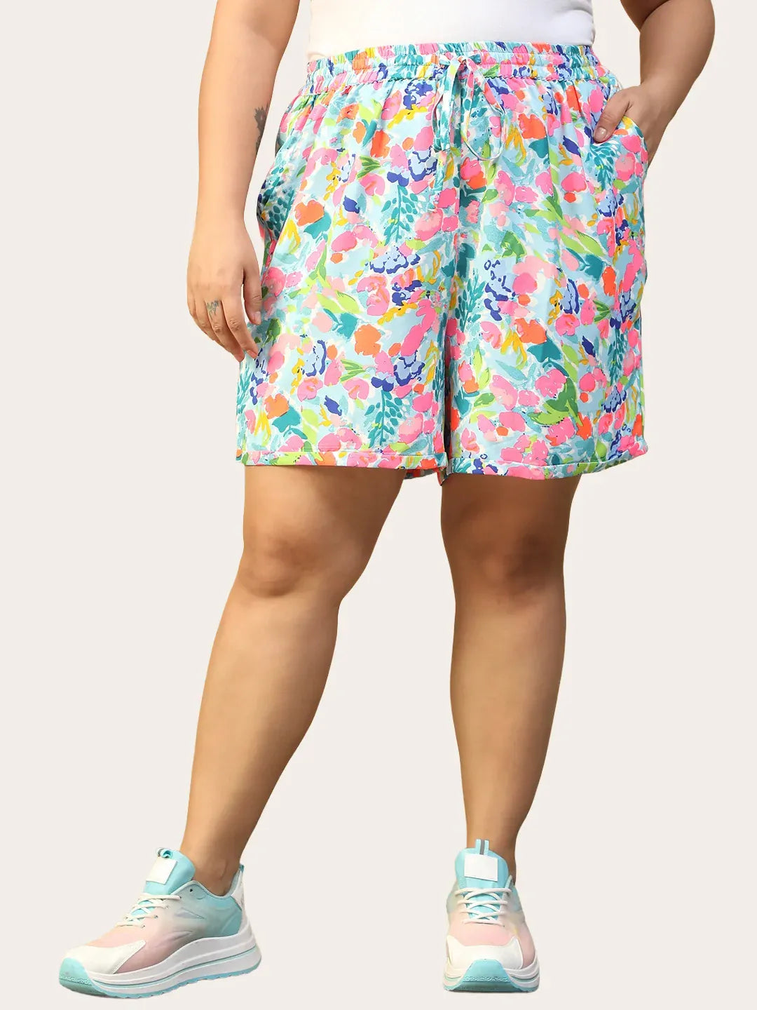 Plus Size Multicolor Floral Women’s Shorts with Elastic Waist & Tie-Up