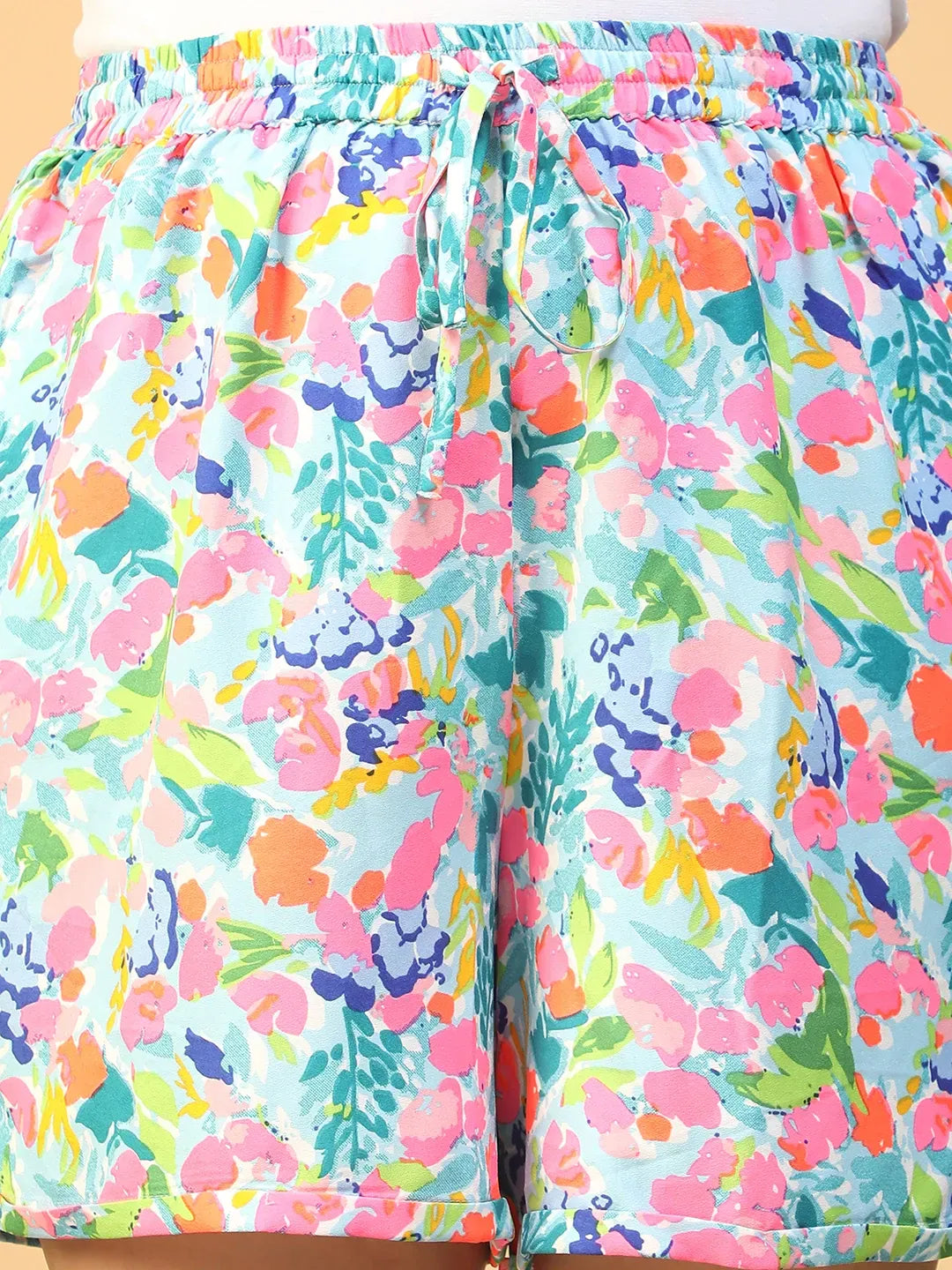 Plus Size Multicolor Floral Women’s Shorts with Elastic Waist & Tie-Up
