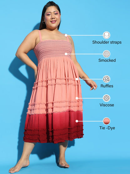 Glinting Pink Tie -Dye Ruffle Detail Smocked Plus Size Women Beachwear Dress