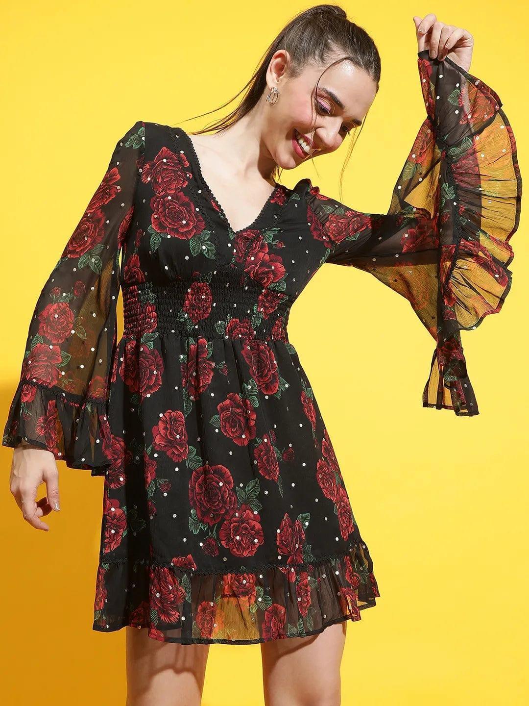 oxolloxo black rose print lace dress with long sheer sleeves and ruffle hem