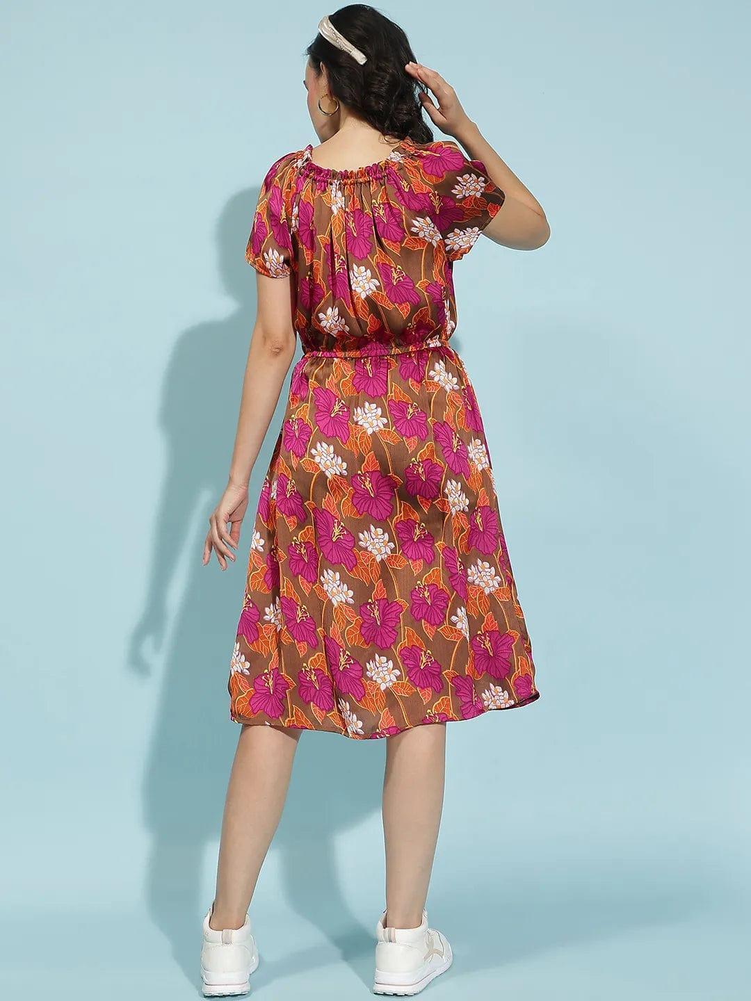Back view of oxolloxo multicolor floral print summer dress for women with short sleeves and elastic waist