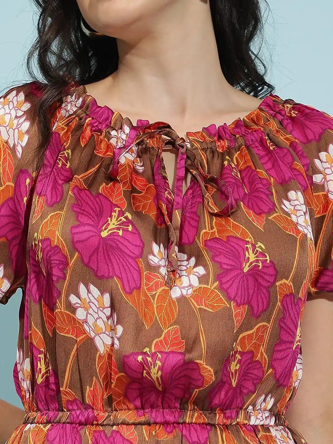 Close-up of oxolloxo multicolor floral print summer dress for women with pink and orange flowers