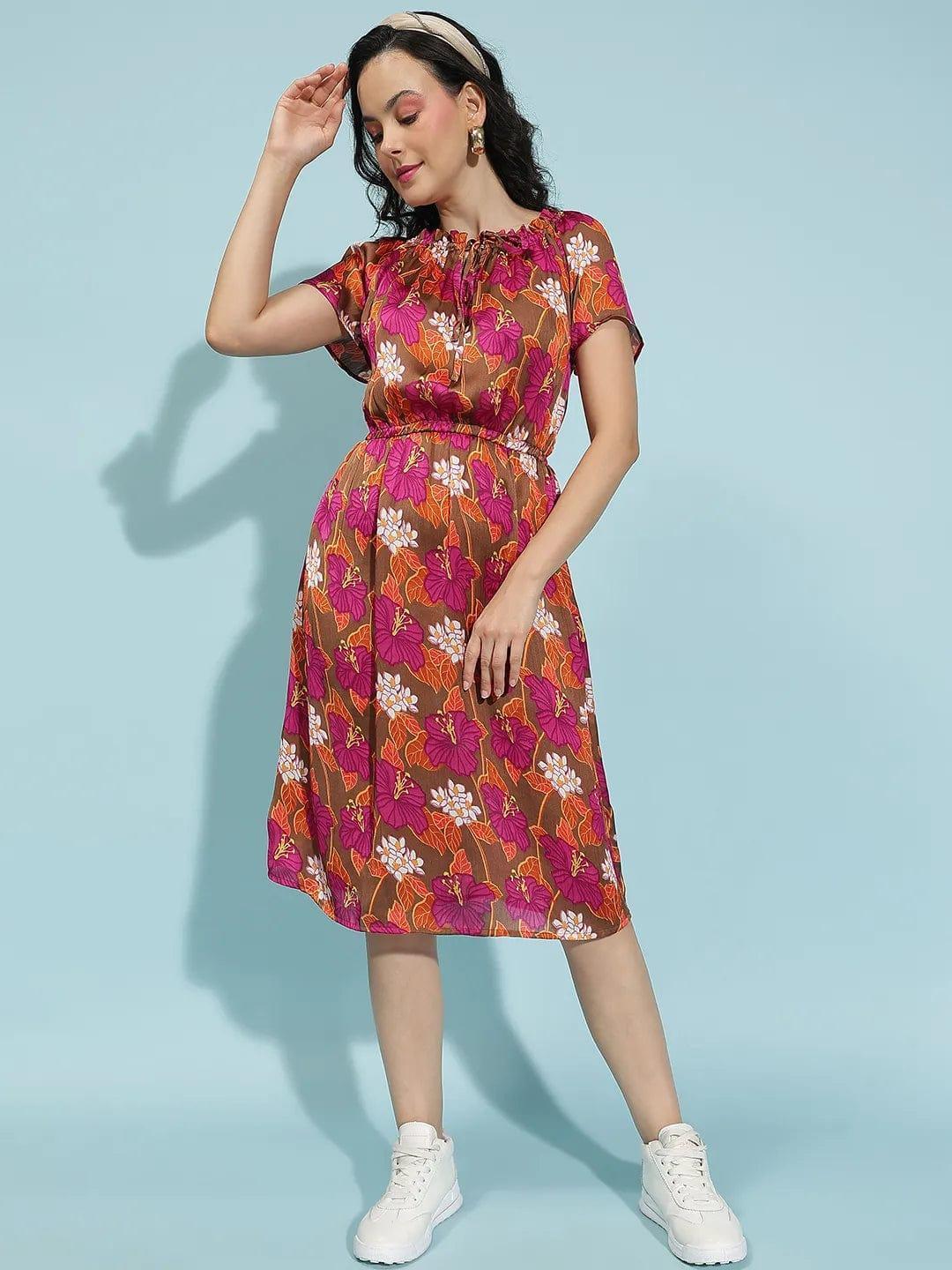 Oxolloxo multicolor floral print summer dress for women with short sleeves and elastic waist
