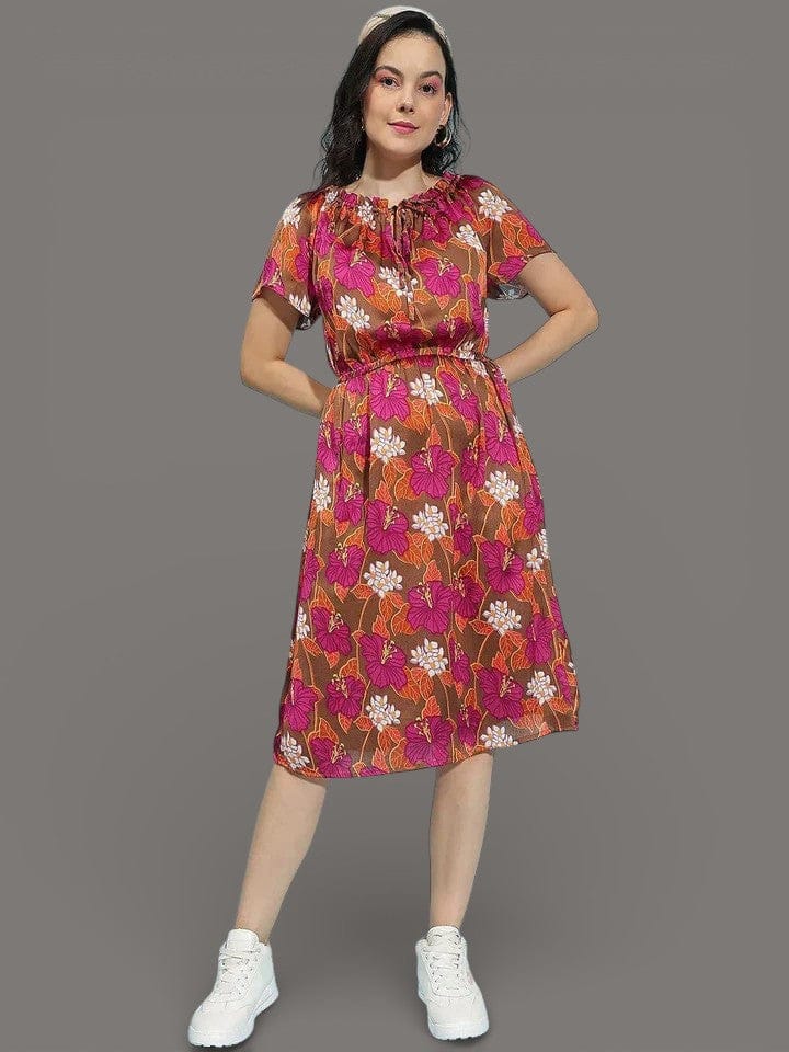 Floral Print Dress - Multicolor Women's Summer Dress With Tie-Knot Detail