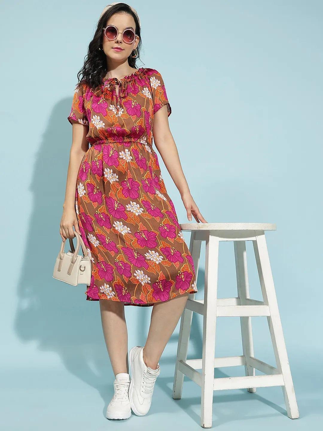 Oxolloxo multicolor floral print summer dress for women with short sleeves and elastic waist