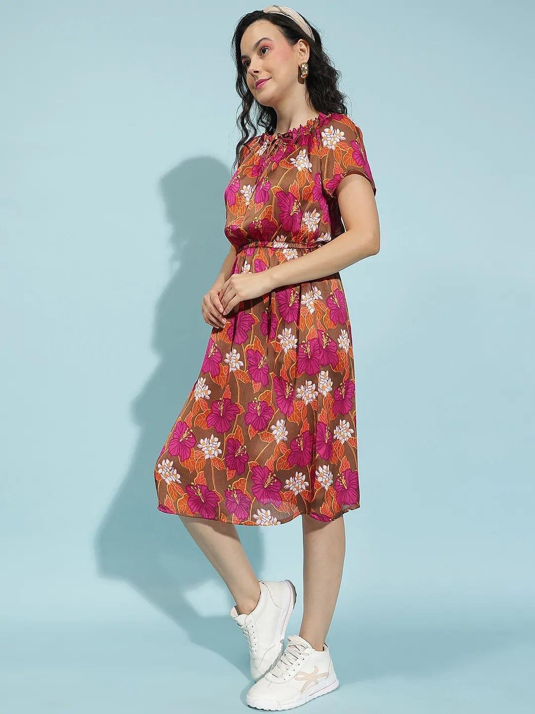 Oxolloxo multicolor floral print summer dress for women with short sleeves and a cinched waist