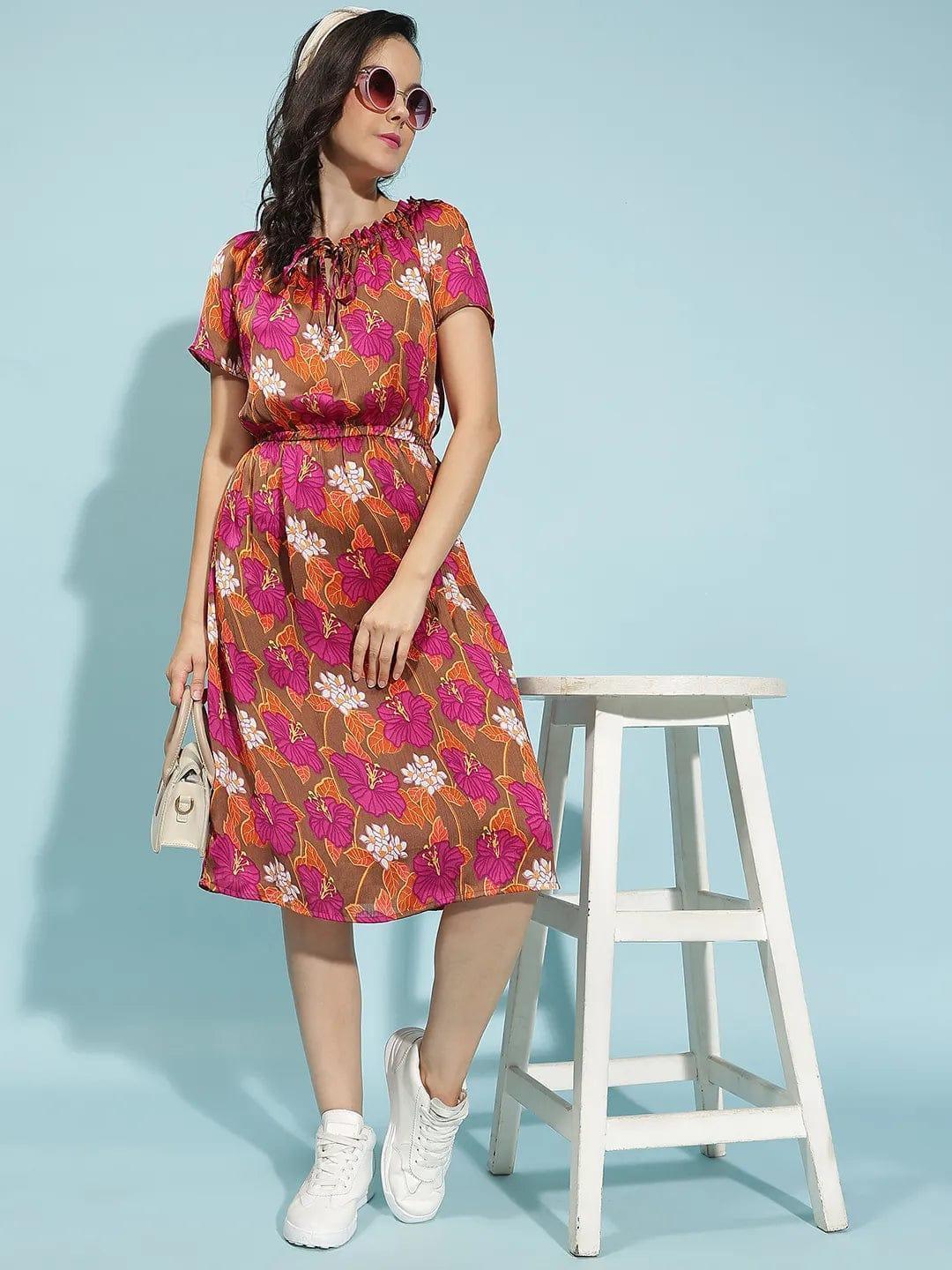 Oxolloxo multicolor floral print summer dress for women with short sleeves and elastic waist