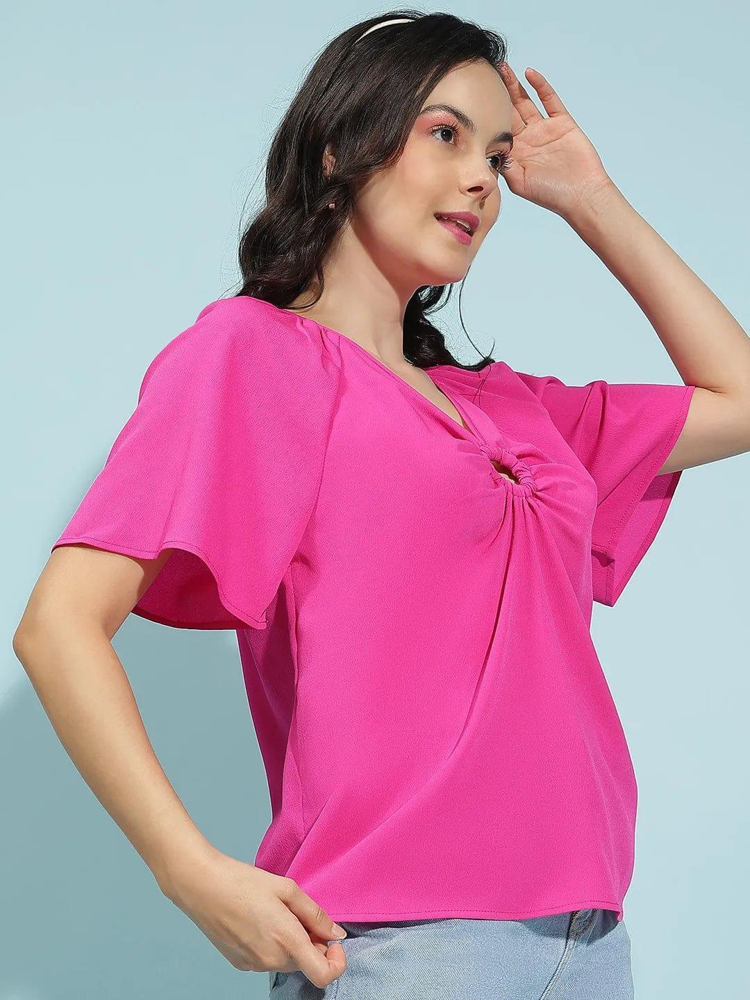Oxolloxo pink short sleeve blouse for women with ruched front detail and flowy sleeves