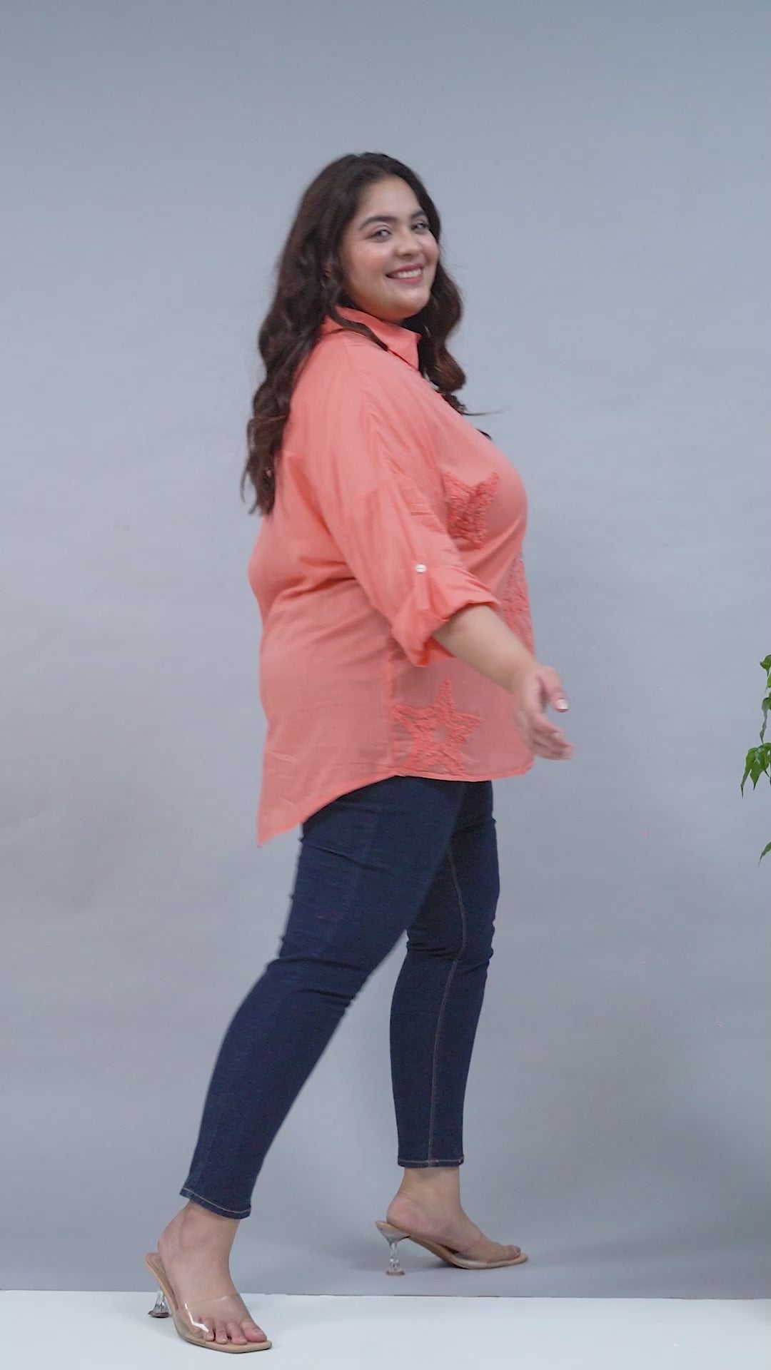 Catchy Coral Long Sleeve Embroidered Button Down Plus Size Women Cotton Shirt