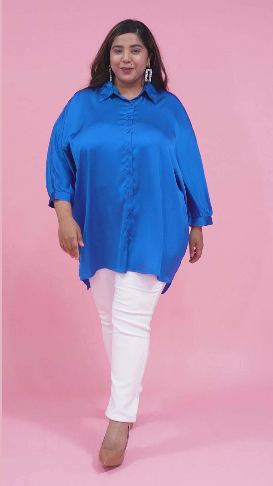 Magnified Blue Long Sleeve Button Down Plus Size Curvy Women Cotton Dress