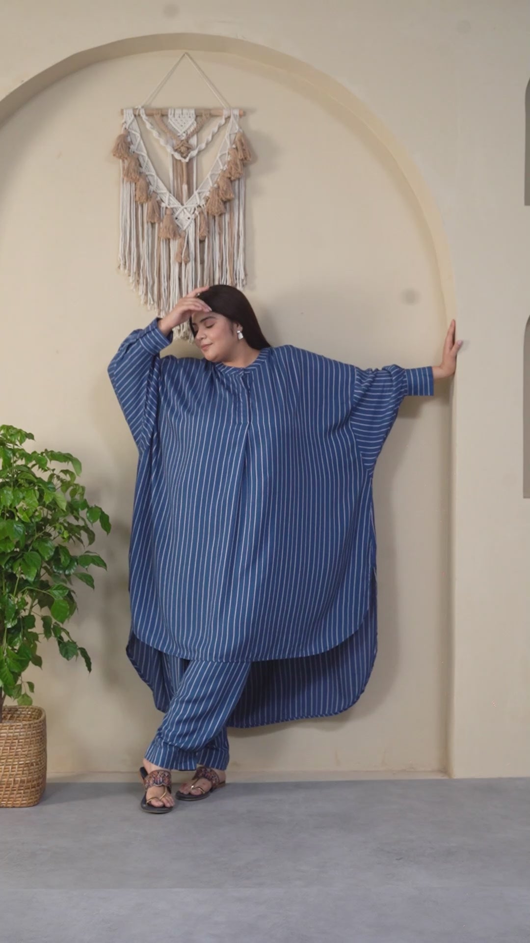 Dark Blue Stripe Print High Low Hem Tunic & Trouser Dobby Textured Plus Size Women Co-Ord Set