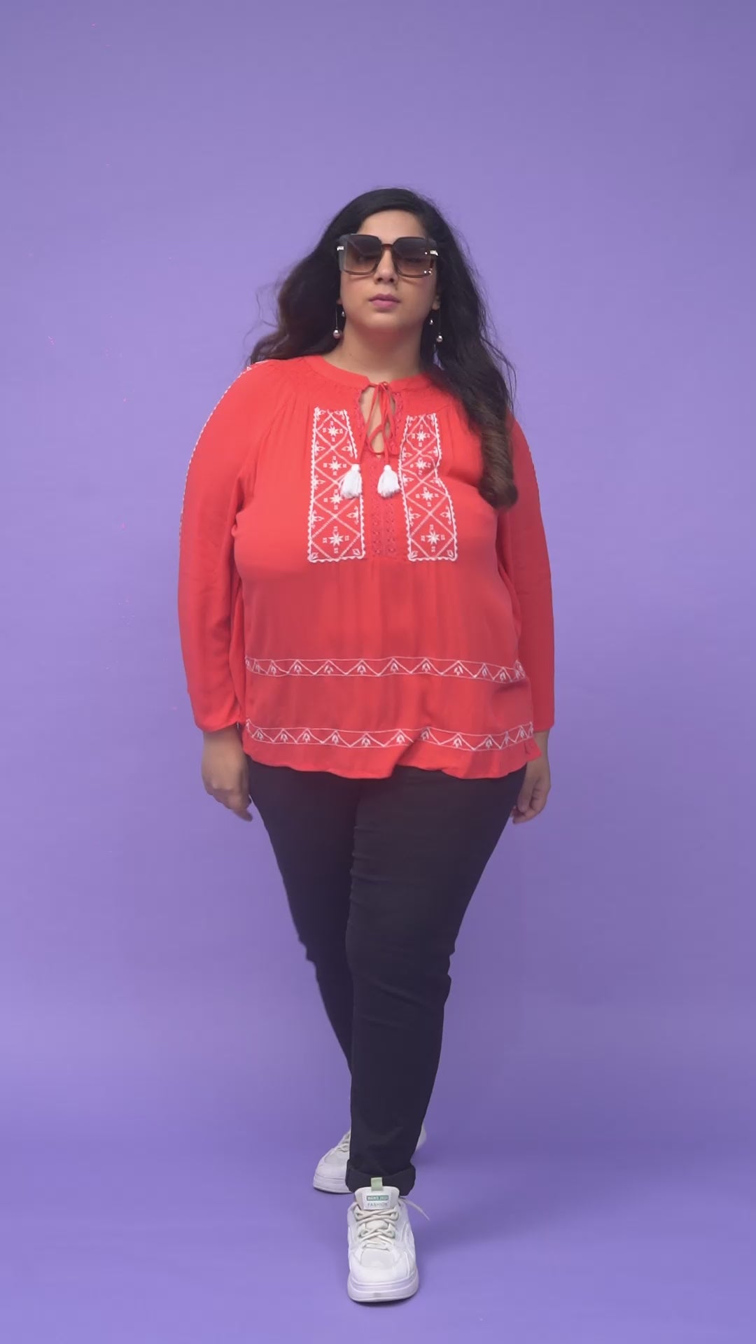 Plus Size Women Top - Red Embroidered Viscose Blouse With Soft Texture