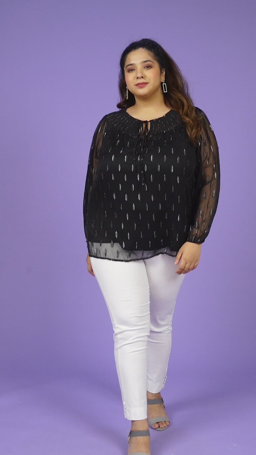 Plus Size Party Top - Black Lurex Print Loopy Top With Smocked Yoke & Long Sleeves