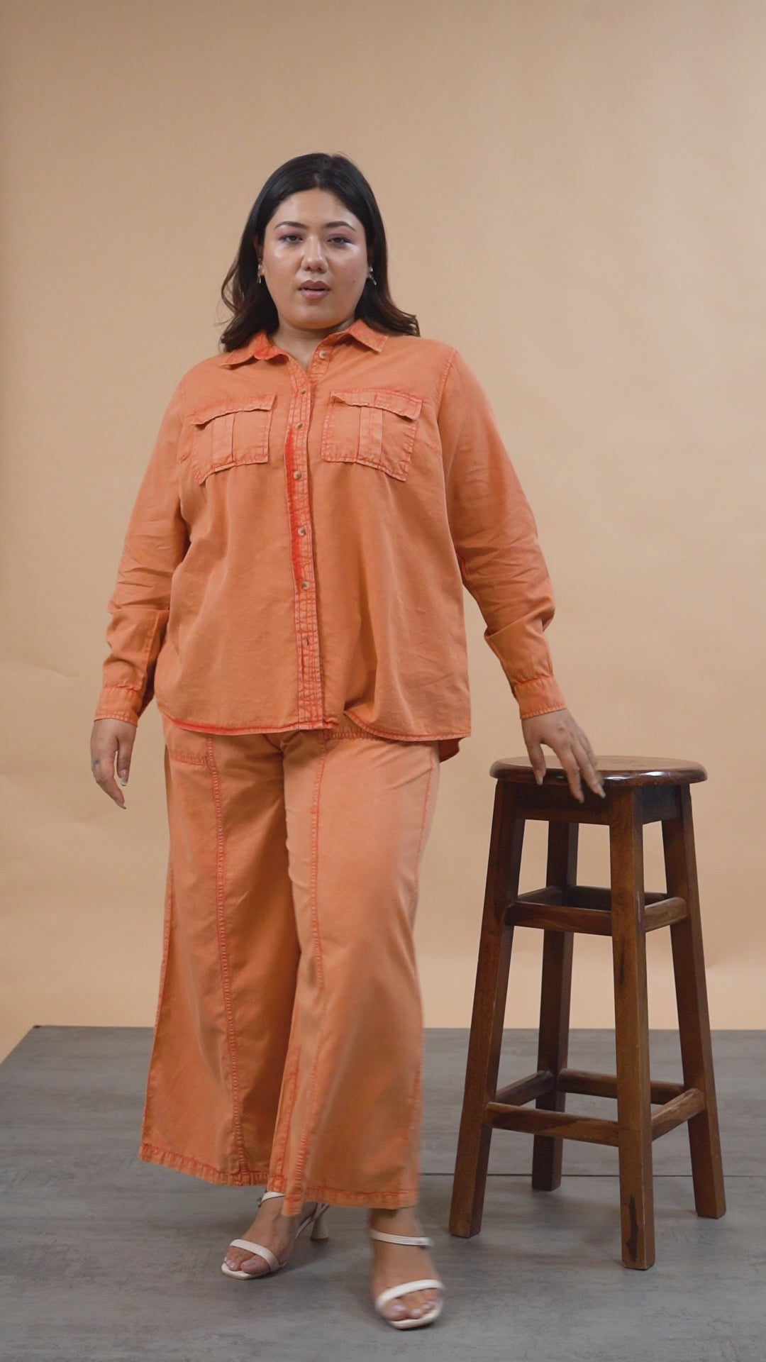 Amazed Orange Collared Long Sleeve Button Down Plus Size Women Cotton Shirt