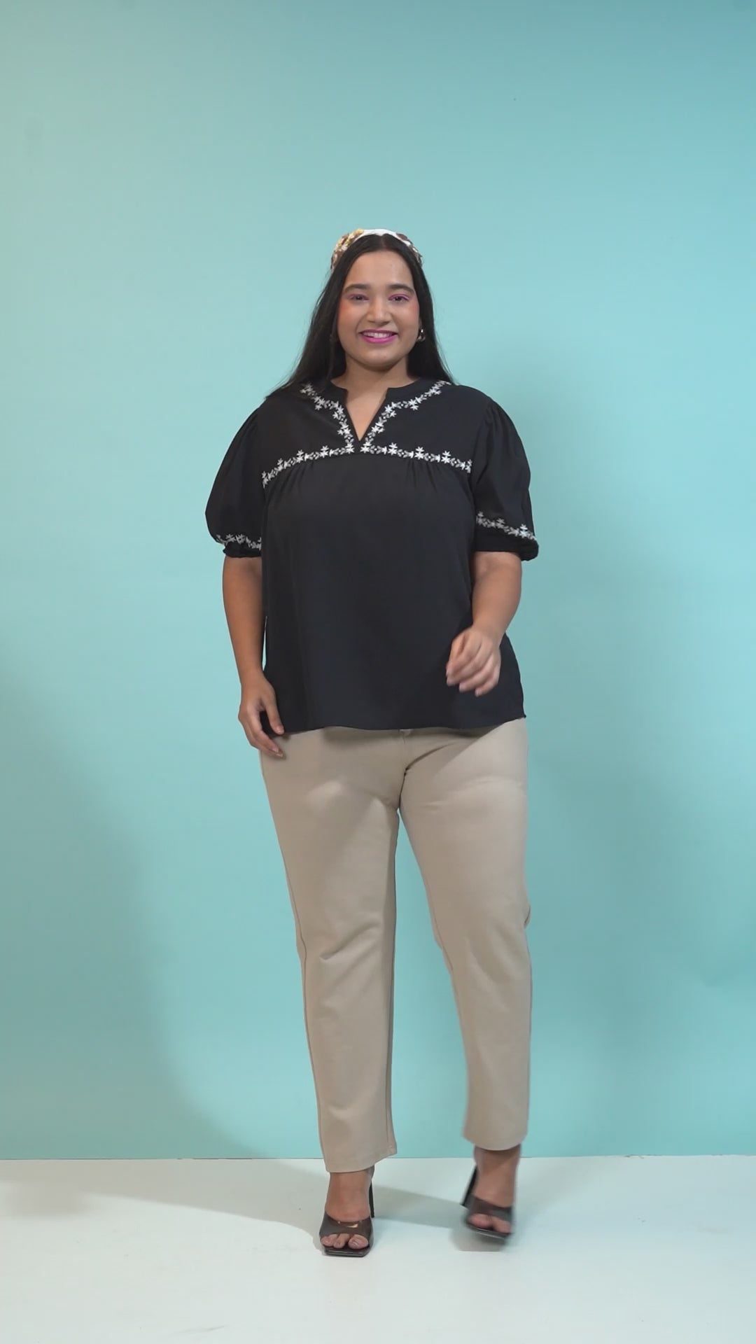 Plus Size Women Top - White Embroidered Short Sleeve Loopy Blouse With Soft Crepe Fabric