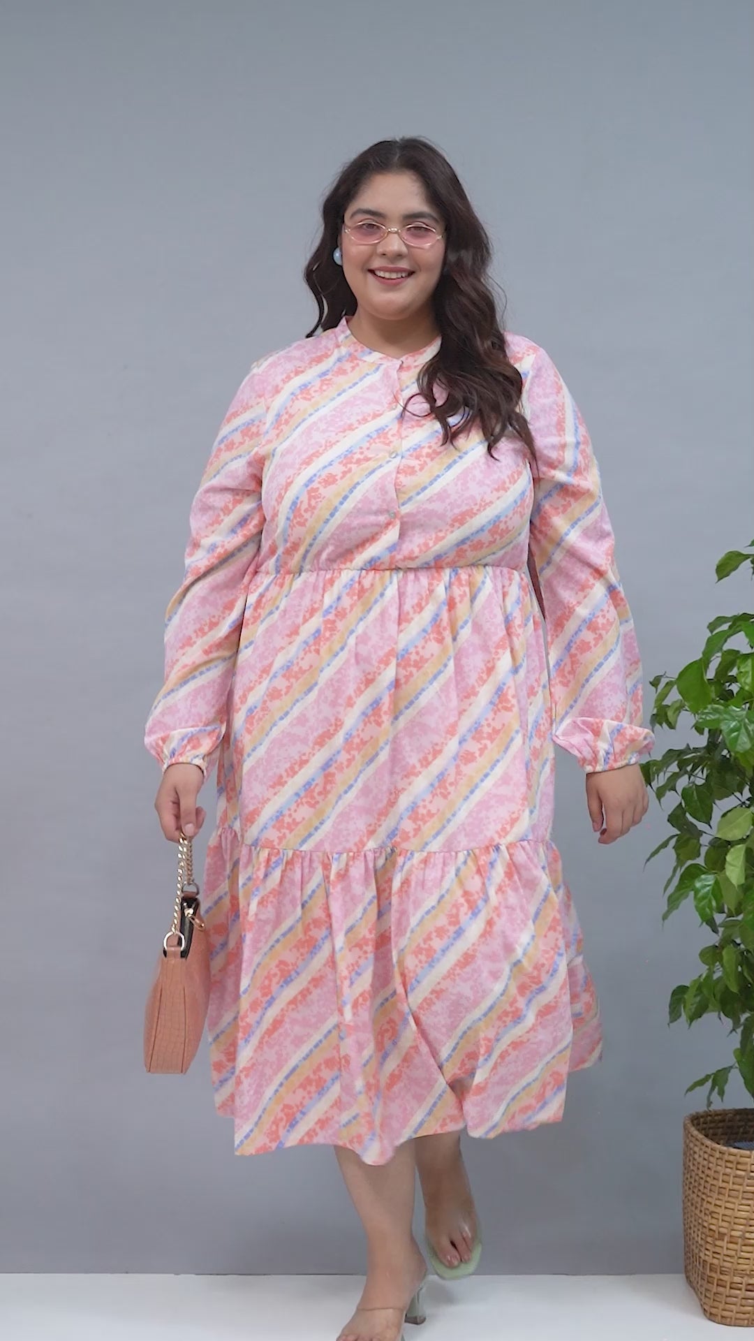 Plus Size Pink Georgette Stripe Print Dress