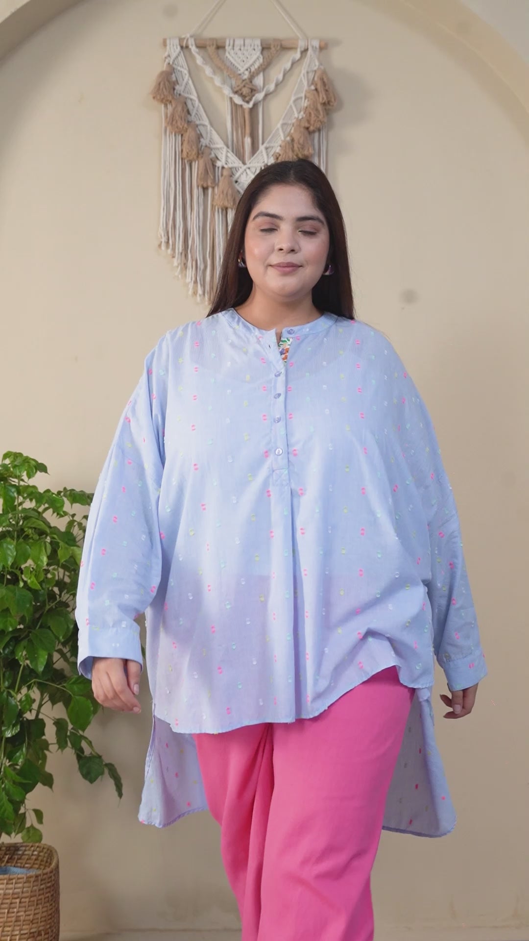 Light Blue Round Neck With Button Placket Long Sleeve High Low Yarn Dyed Dobby Plus Size Women Cotton Tunic
