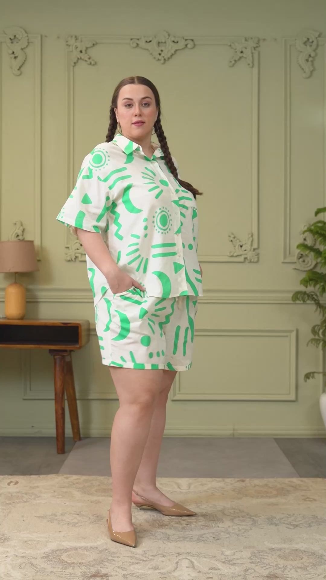 Frosted White Printed Shirt & Shorts Plus Size Cotton Co-ord Set