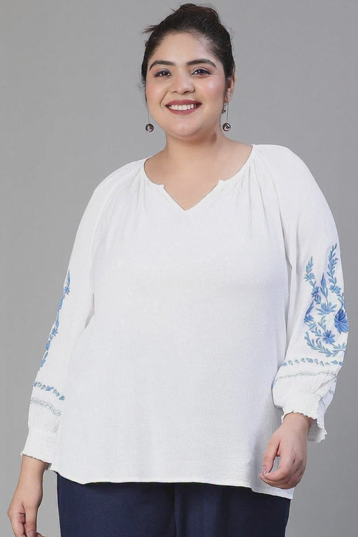 Plus Size White Embroidered Women's Top