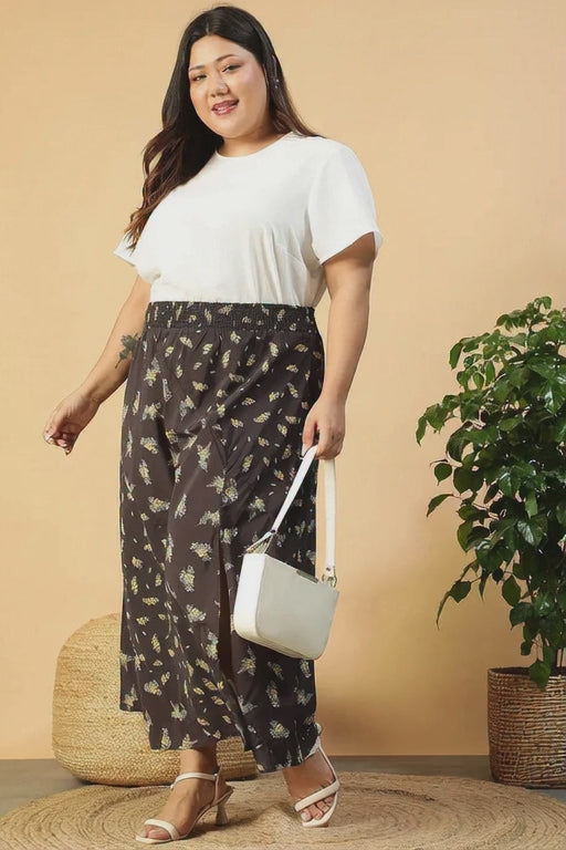 Plus Size Long Skirt – Black Floral Print Maxi With Elastic Waistband & Side Slit