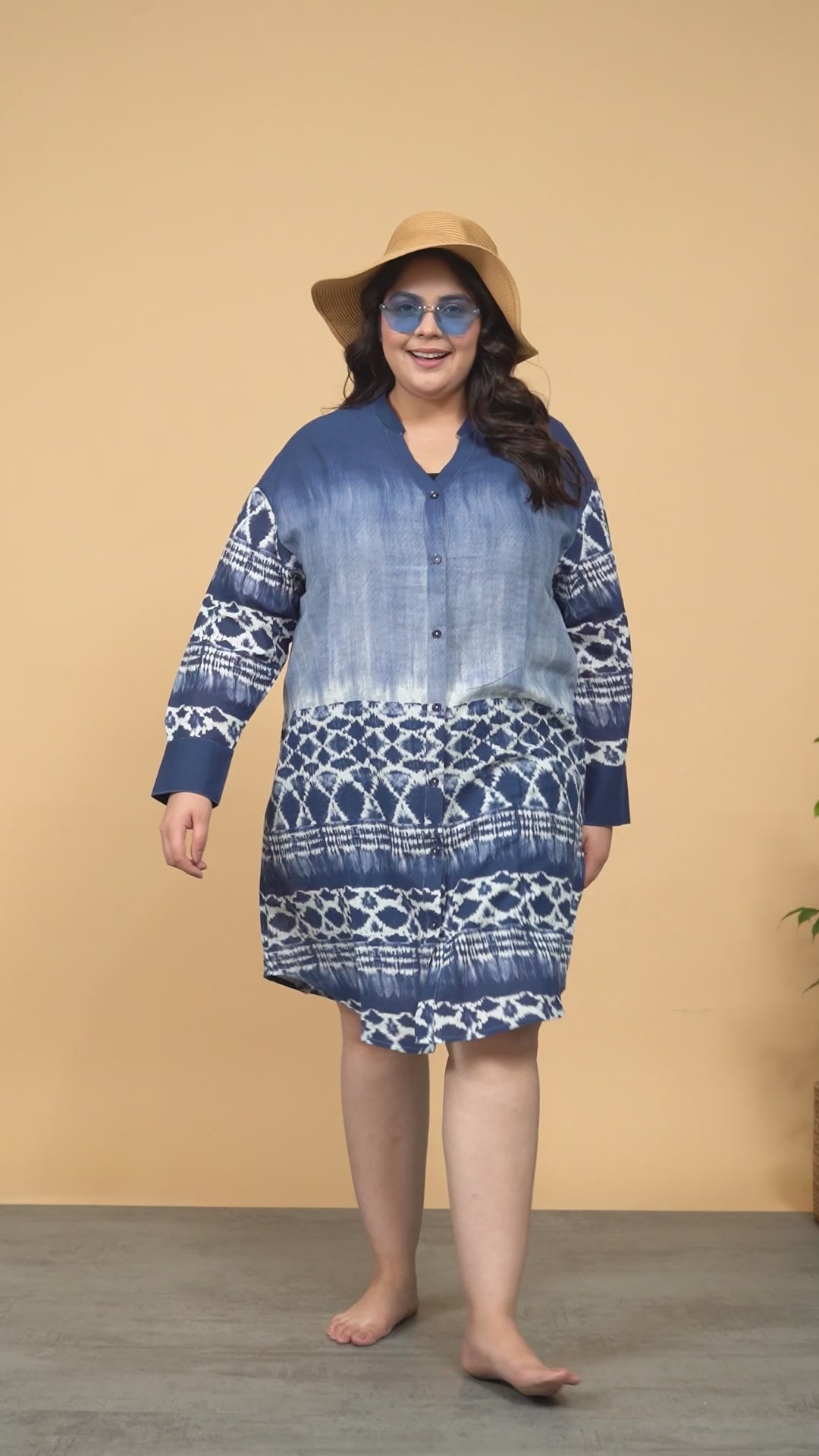 Vast Blue Tie-Dye Print Long Sleeve Button Down Plus Size Beachwear Cotton Shirt