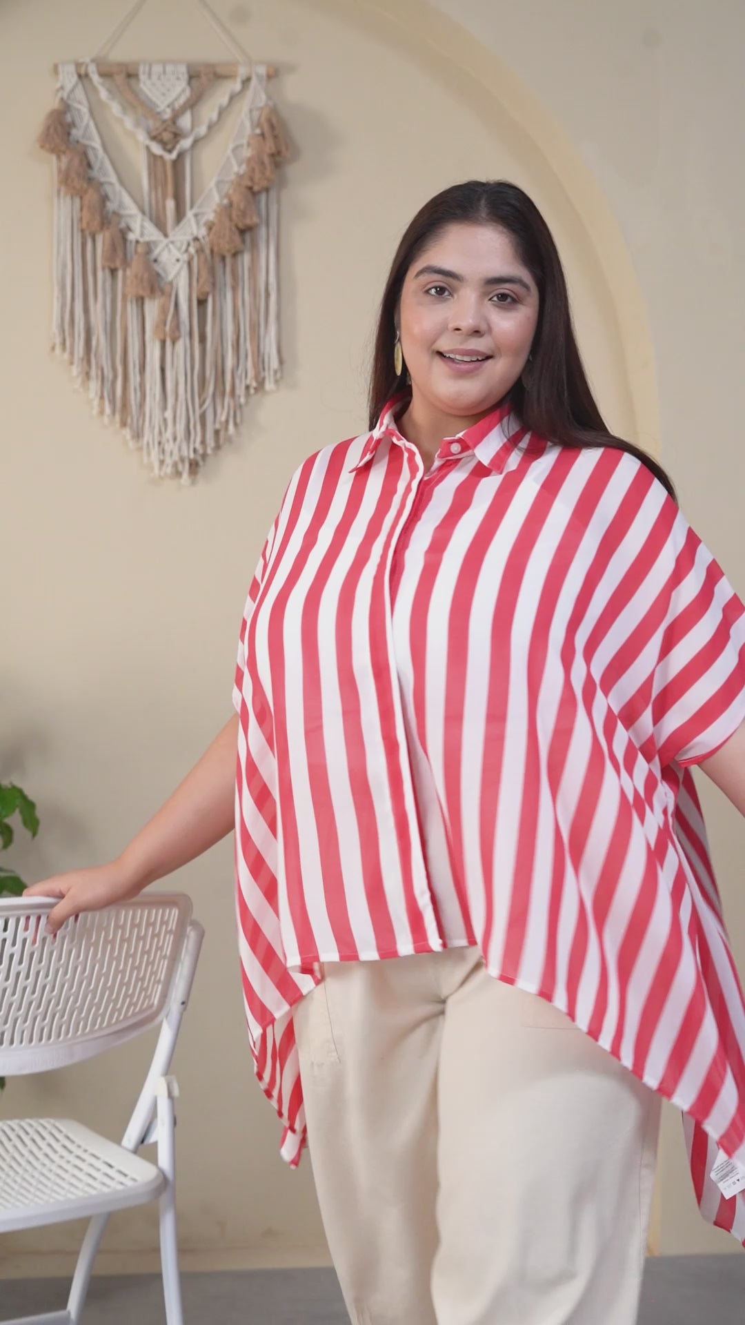 Red Stripe Print Coallred Button Down High Low Hem Plus Size Women Top