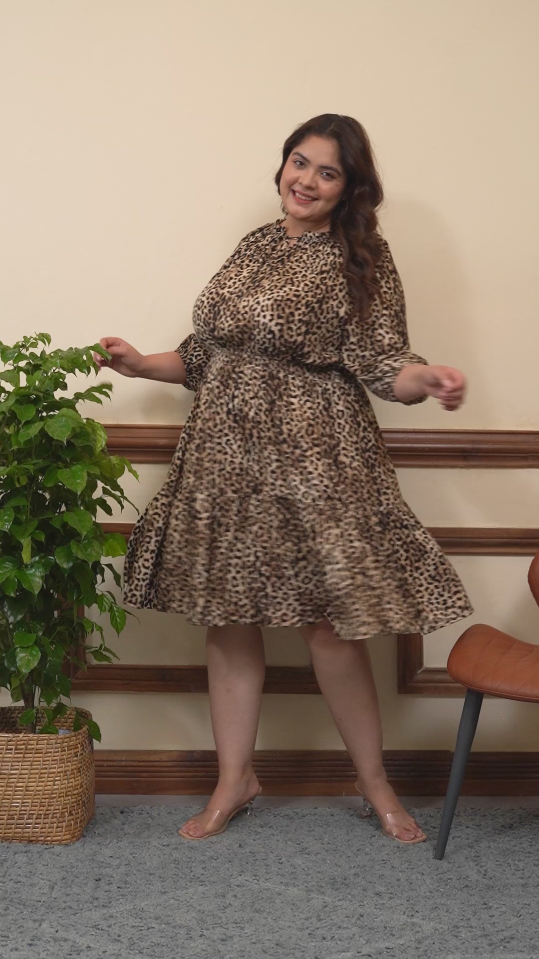 Multicolor Animal Print Tie-Up Detail Elasticated 3/4 Length Sleeve Plus Size Women Dress