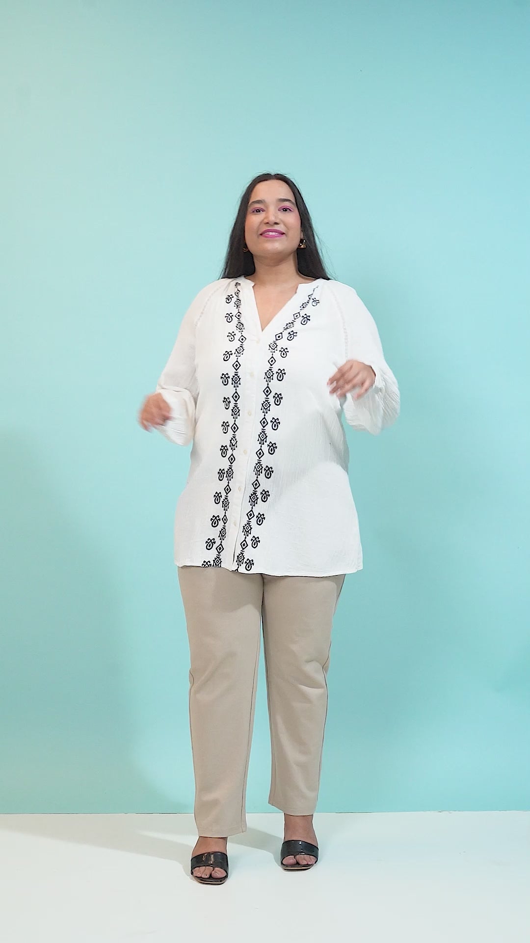 Navy Blue Embroidered Button-Down Plus Size Pluszi Tunics