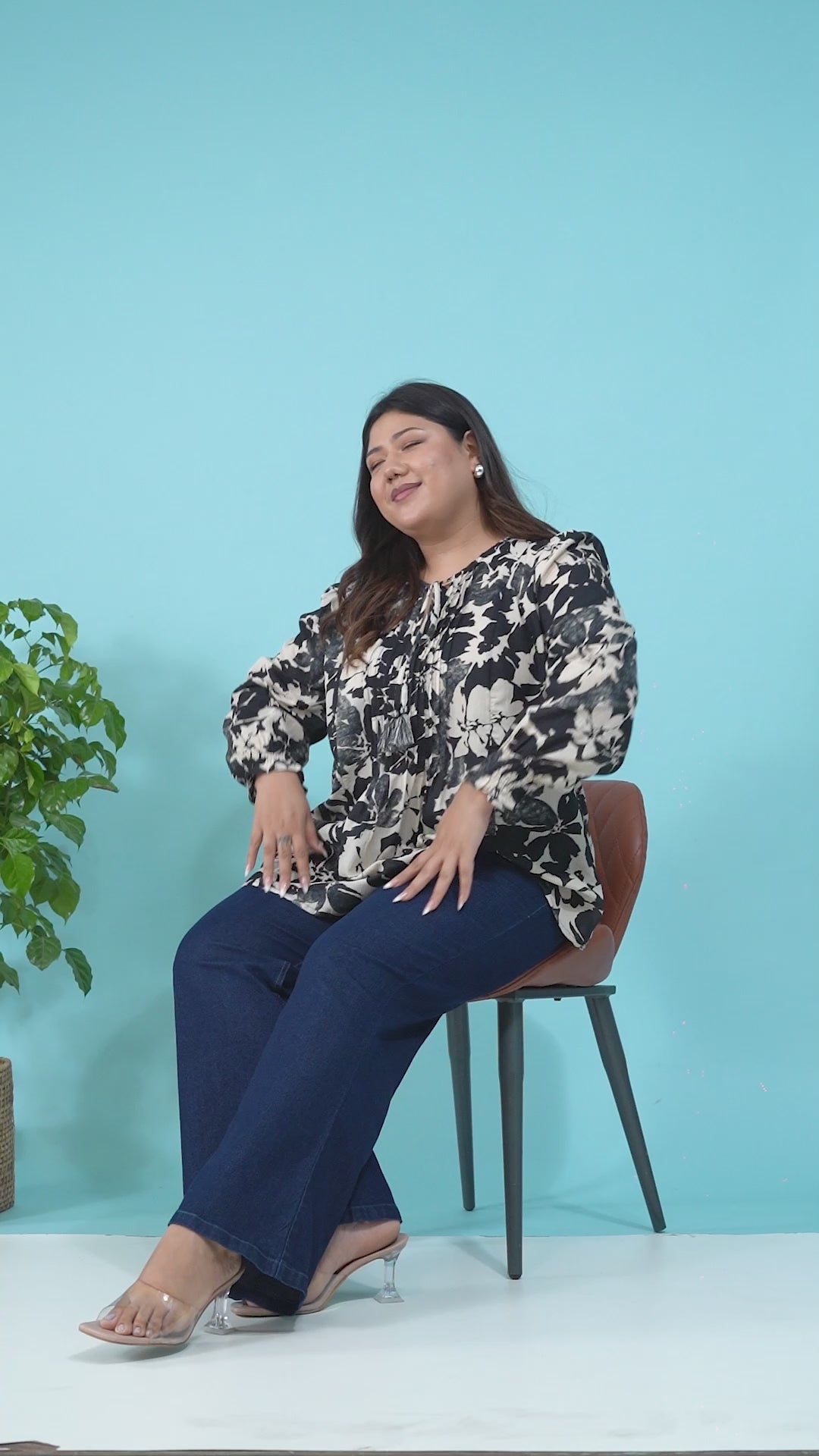 Plus Size Women Top - Black Floral Print Long Sleeve Boho Tie-Up Tassel Detail