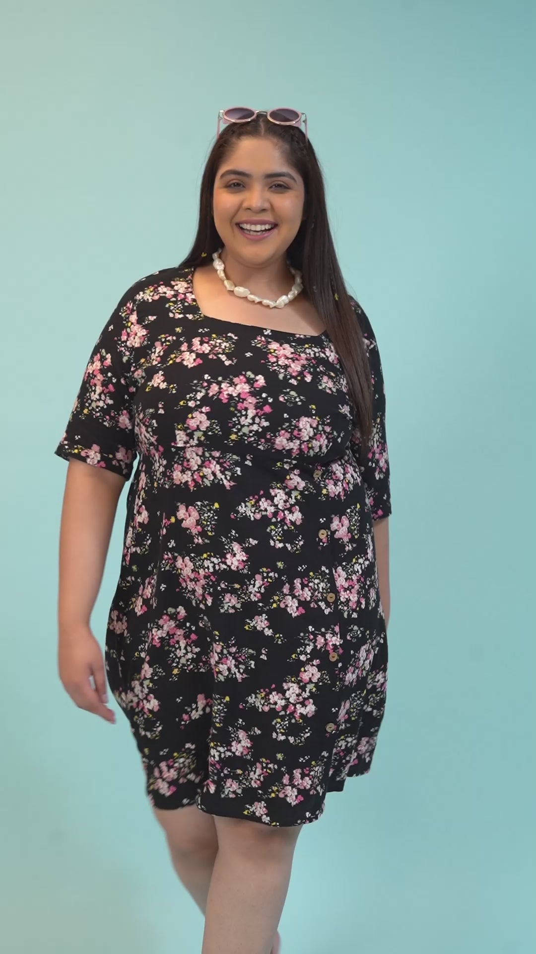 New Black Floral Print Short Sleeve Plus Size Curvy Dress