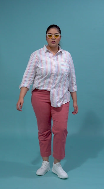 Stubble Stripe Print Multicolor Plus Size Cotton Shirt For Women